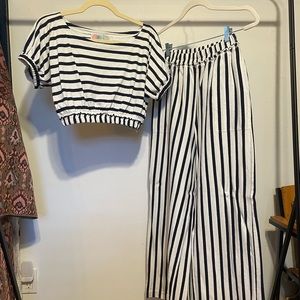 Free People Like-New Navy/White Stripe 2pc Cotton Tee/Wide-leg Pants set